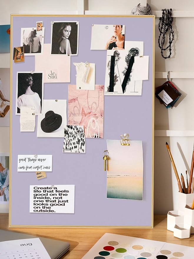 Bulletin Board 16 x 12 inches, Light Lavender Pin Board, Golden Aluminum Framed Fabric Cork Board with 10 Push Pins