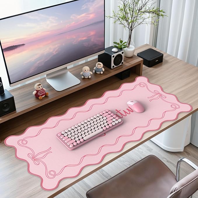 iCasso Pink Mouse Pad, Scalloped Desk Cover Mat, Leather Waterproof Desk Pad Mat for Desktop Protector, Non-Slip XXL Big Mousepad for Computer Keyboard Office Dorm Desk -Stay Positive