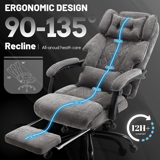 Massage Office Chair with Foot Rest,6 Points Vibration & Heat Executive Office Chairs for Heavy People,500LBS Big and Tall Office Chair,Ergonomic Reclining Desk Chair,Dual-Use Pillow,Grey