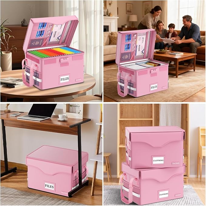 DocSafe 5200°F Fireproof Document Box with Lock,Heat Insulated File Organizer Storage with Pockets,Collapsible Portable Home Office File Safe Box with Handle for Hanging Letter/Legal Folders, Pink