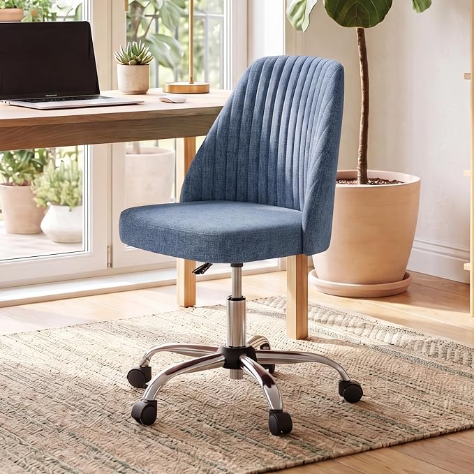 DUMOS Home Office Chair, Comfy Desk Chair with Rolling Wheels | Armless Height Adjustable, Wide Seating, Vanity Swivel Task, Bedroom Student Adults, Blue