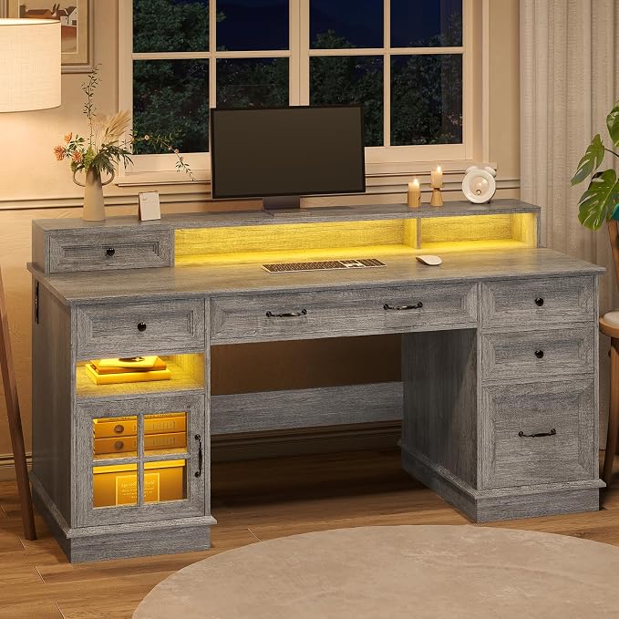 HAUOMS Farmhouse Executive Desk Computer Desk with Drawers，Grey | Executive Office Desk with File Drawers, Power Outlet, Led Lights, Storage Cabinet and Monitor Shelf for Home Office