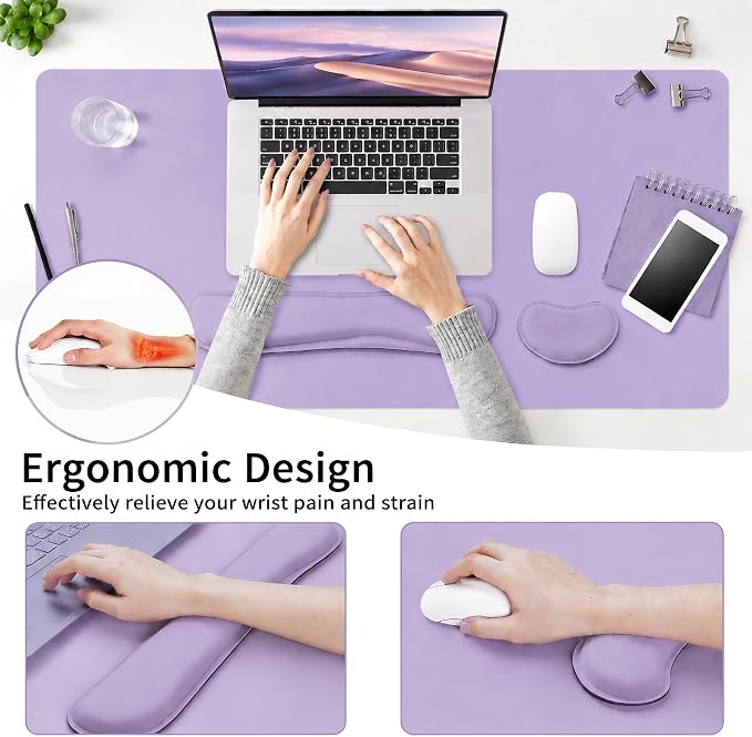Mouse Pad and Keyboard Wrist Rest (31.5×15.7 Inches, Lavender) | Large Keyboard and Mouse Pad Set, Ergonomic Mousepad with Wrist Rest, Non-Slip Desk Mat Protector for Office, Home