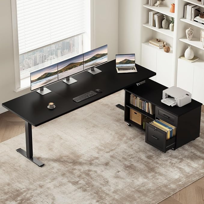 71 Inch L Shaped Electric Standing Desk with Cabinet Sets, Black | Mobile Drawers & File Cabinet Sets for Flexible Layout, Height Adjustable Executive Stand Up Desk for Home Office Workstation