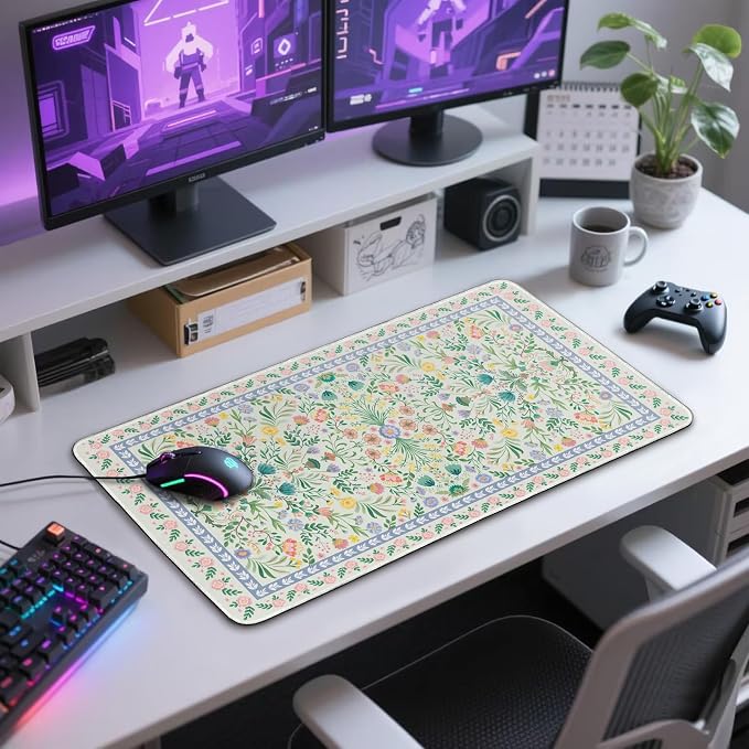Green Floral Desk Mat Large Mouse Pad 31.5"x15.7" Non-Slip | Extended Mousepad, Non-Slip Rubber Base , Stitched Edges, for Computer/Laptop/Office/Home
