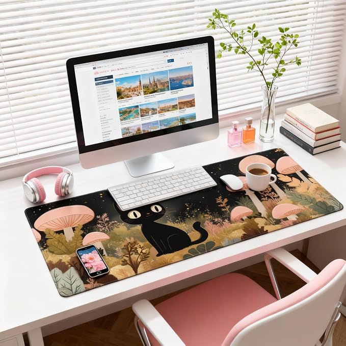 Cute Anime Black Cat Gaming Mouse Pad, Blue Pink Warm Healing Desk Mat with Anti-Slip Base & Stitched Edges,35.4" x 15.7" in Table Mat for Computer Desktop, Beautiful Workstation Decor