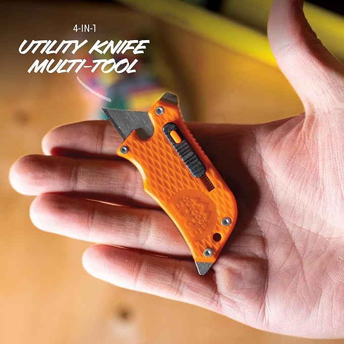 Outdoor Edge SlideWinder - Utility Knife Multitool with Standard Replaceable Razor Blade, Screwdrivers, Prybar, Bottle Opener and Pocket Clip with Locking Auto-Retracting Blade