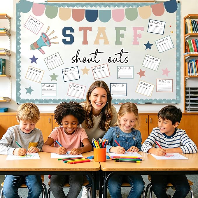 71Pcs Staff Shout Outs Bulletin Board Decorations, Staff Bulletin Board with Shout Out Cards, Appreciation Month Bulletin Boards for Classroom Office Back to School Retirement Wall Door Decor(Pastel)