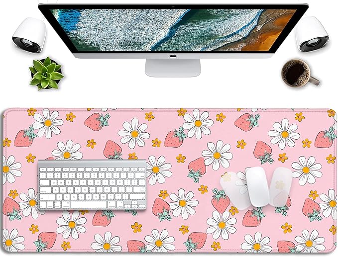 Strawberry Mouse Pad Desk Mat,Pink Large Large Gaming Mouse Mat with Stitched Edges,Non-Slip Waterproof Rubber Base Mouse Mat for Office Computer Keyboard Laptop Home(27.5X11.8 in)