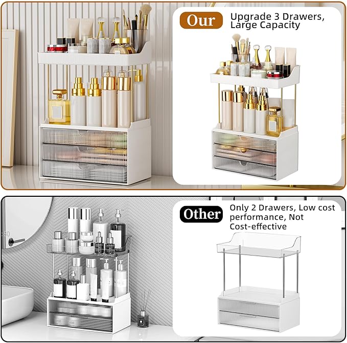 StorBin Arcylic 5-Tier Makeup & Skincare Organizer for Vanity, Bath, 2 Sets | Smooth 3 drawers, clear body, gold frame, non-slip, for perfumes, serums, face masks, palettes, vanity & bath counter,Clear