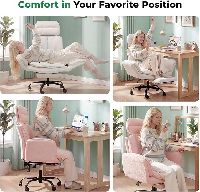 Criss Cross Office Chair with Armrests & Wheels, Comfy Velvet Vanity Chair, Ergonomic Executive Gaming Computer Chairs with Foot Rest, Wide Seat Reclining Desk Chair, Pink