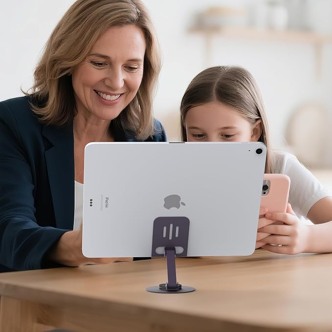 Metal Cell Phone Stand for Desk, Multi-Angel Adjustable 360° Rotation Desktop Phone Holder and Foldable Mobile Phone Stand, Compatible with iPhone 17 16 Pro Max and All Smartphones, Purple