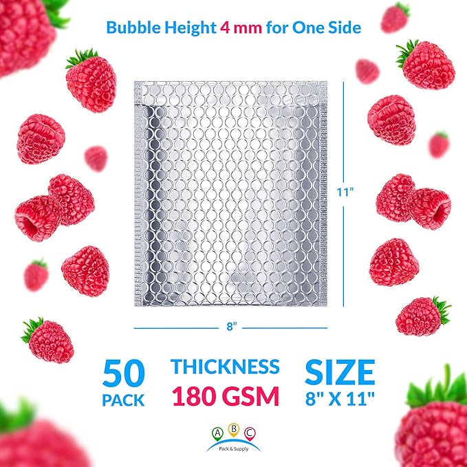 ABC PACK & SUPPLY Thermal Bubble Mailer, 8 x 11 Inch Metallic Foil Insulated Envelopes, 50 Pack Self Seal Waterproof Shipping Mailers