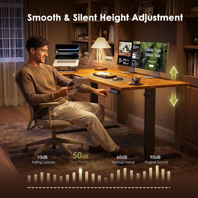 OffiGo Electric L Shaped Standing Desk, 63 Inches Height Adjustable Table, Reversiable Corner Stand Up Desk, Lifting Computer Table for Home Office, Computer Workstation, Rustic Brown