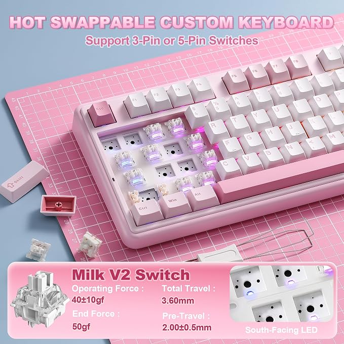 YUNZII B98 PRO 96% Wireless Mechanical Keyboard(Pink, Milk Switch) | QMK/VIA, with Numpad, Dual-Style Knob Design, Creamy Pre-Lubed Switches, Hot Swap, Gasket Mount, RGB for Gaming/Win/Mac