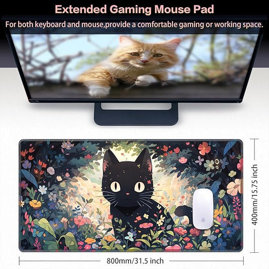 Canjoy Cute Black Cats Anime Mouse pad, 31.5x15.7inch Kawaii Computer Keyboard Mat Extended Large Gaming Mouse Pad with Non-Slip Rubber Base