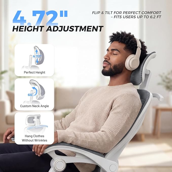 CYKOV Ergonomic Office Chair, Reclining, Footrest, Adjustable Lumbar, 350LB | 4-Way Headrest (4.72" + 60°), 2-Way Lumbar (2" + 1.18"), 90-135° Recline, Breathable Mesh, Gaming & Office, 5-Year Warranty