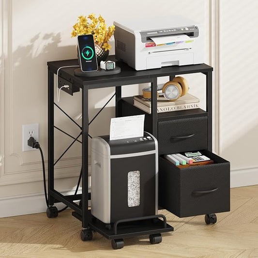 YAOHUOO Printer Stand with Power Outlet/Drawers, Printer and Shredder Stand | 22.8"x15"Top,Printer Desk with Storage Shelf,Rolling Table Cart with Lockable Wheels&Feet,Home Office,Black