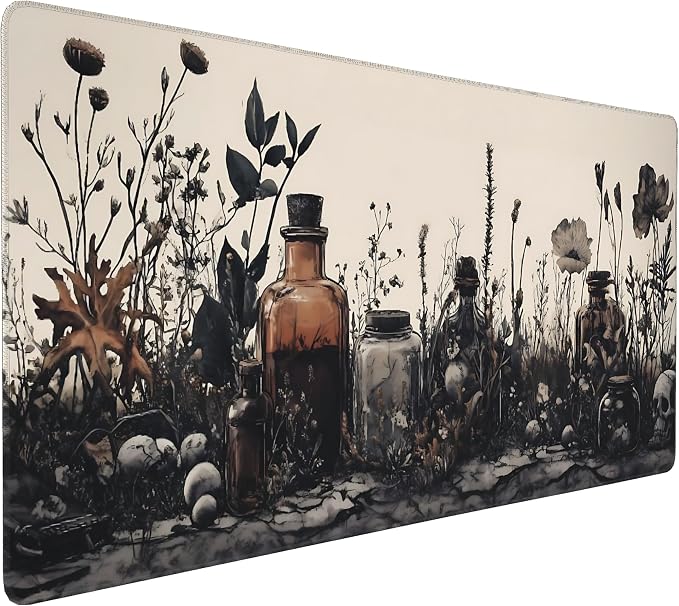 Aesthetic Skull Gaming Mouse Pad, Earth Tone Vintage Botanical Desk Mat with Anti-Slip Base & Stitched Edges,35.4" x 15.7" in Table Mat for Computer Desktop, Beautiful Workstation Decor