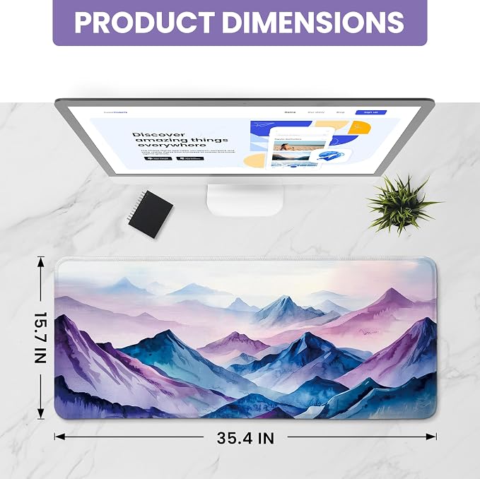Aesthetic Desk Mat, Cute Distant Peaks Desk Pad Protector for Work & Decor, 35.4" x 15.7", Pretty Non-Slip Extended Mouse Pad for Office or Home