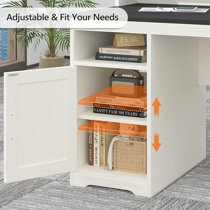 65" Farmhouse Computer Desk with Drawers and Printer Stand for Home Office | Office Desk with Power Outlets and Storage Cabinet, Study Writing Desks with Long Monitor Stand, Black and White