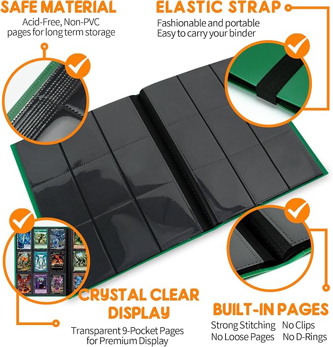 Trading Card Binder 9 Pocket, 360 Card Waterproof Folder with Side Loading Sleeves, Sturdy Card Collection Album for MTG, TCG, Game Cards & Sports Cards,1 Pack, Dark Green