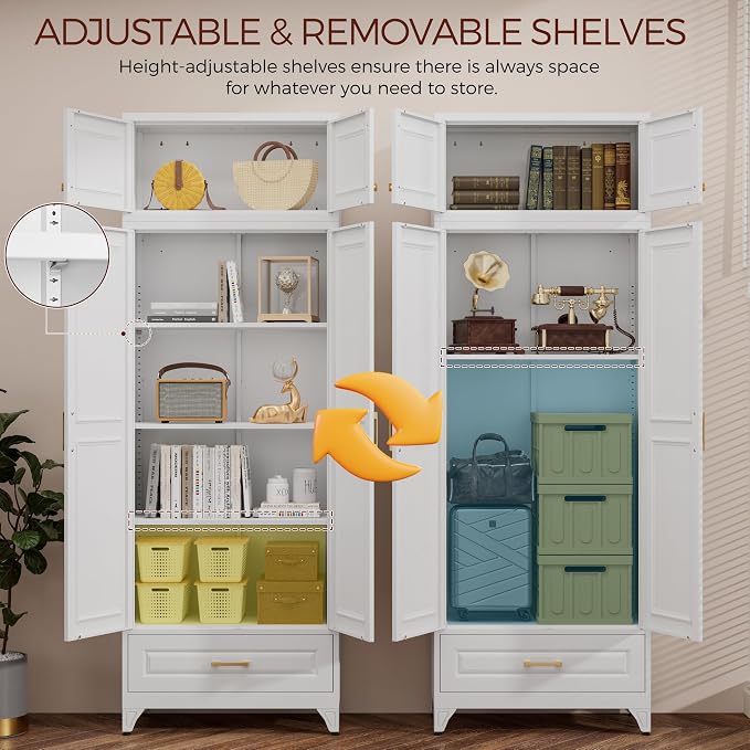 90" Kitchen Pantry Cabinet, Metal Storage Cabinets with Drawer | Kitchen Cabinet with 4 Doors & 3 Adjustable Shelves, Tall Food Pantry Cabinet, Cupboard for Kitchen, Dining Room, Living Room
