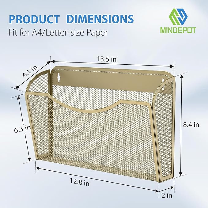 MINDEPOT Wall File Organizer, Hanging Wall File Holder, 2 Pack, Gold | Heavy Duty Iron, Metal Mesh Wall Mount, Single Pocket, Mail Organizer, for Office School Classroom Home, Letter A4 Size