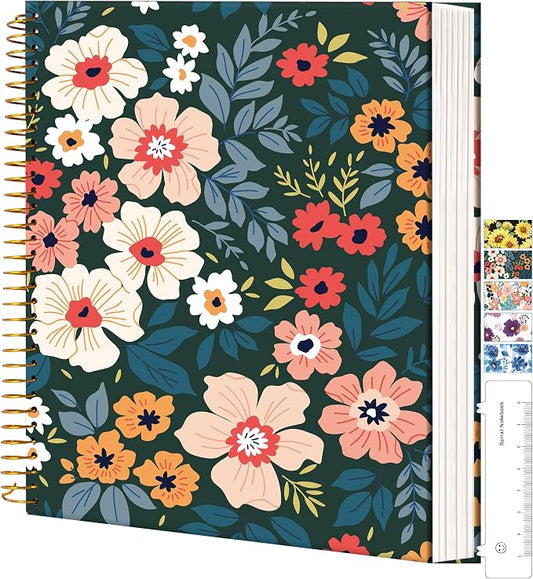 CAGIE Spiral Notebook 8.5 x 11 for Women, Hardcover, College Ruled | Aesthetic Floral Cover, with Large Pocket, Ruler, Note Book Spiral Bound Notebooks for Work Note Taking Writing School