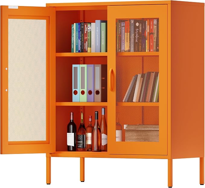 Chshin Metal Locker Storage Cabinet with 2 Mesh Doors and Adjustable Shelves,Orange Metal Locker Cabinets,Coffee Bar Cabinet,Kitchen Pantry Storage Cabinets for Home,Sideboard,Office(40" H)