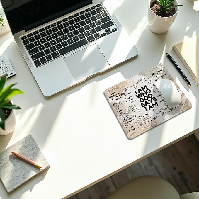 God Says I Am Christian Desk Mouse Pad 9.5x7.9 Inch (Botanical) | Botanical beige God Says I Am Bible verse mousepad for office dorm computers, Christian desk decor and faith gifts for women