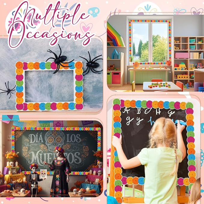 32.8 Ft Marigold Bulletin Board Borders, Multicolor Scalloped | Bright Patterns in Classrooms, Fiestas, Spanish Displays, Day of the Dead Themes, Scalloped Edges Ideal on Boards Decor