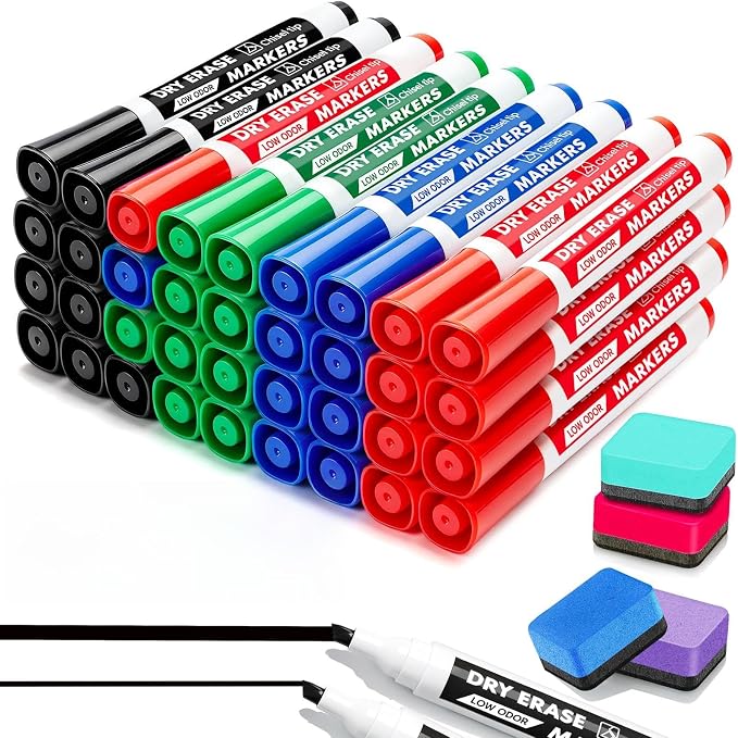 Dry Erase Markers with Eraser, 36 Count Chisel Tip Whiteboard Markers | 4 Assorted Colors, Low Odor, Non-Toxic, Quick-Dry Ink, for Office, Classroom, Back-to-School Supply
