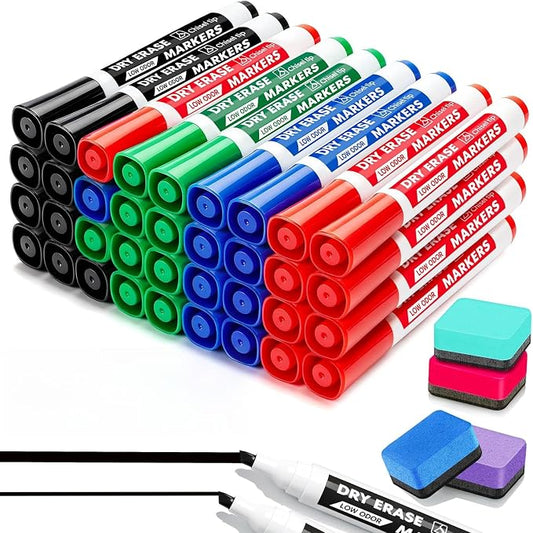 Dry Erase Markers with Eraser, 36 Count Chisel Tip Whiteboard Markers | 4 Assorted Colors, Low Odor, Non-Toxic, Quick-Dry Ink, for Office, Classroom, Back-to-School Supply