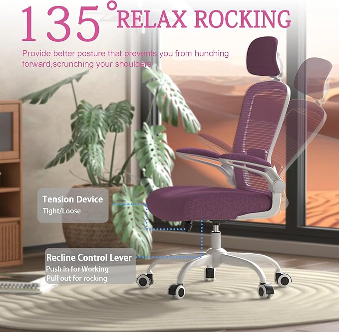 Mimoglad Office Chair, High Back Ergonomic Desk Chair with Adjustable Lumbar Support and Headrest, Swivel Task Chair with flip-up Armrests for Guitar Playing, 5 Years Warranty