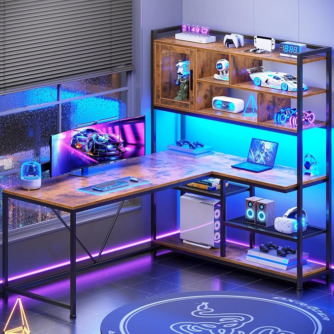 SEDETA L Shaped Computer Desk with Storage Shelves, Bookshelf, Rustic Brown | 58'' Reversible Office Desk with LED Light, Glass Door Cubby, L Shaped Corner Desk for Gaming, Two Monitors, Small Space