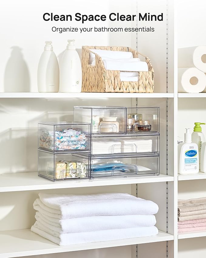 Vtopmart Clear Stackable Storage Drawers Set of 5, Plastic Organizer Bins | Multi-purpose Boxes for Bathroom Accessories, Beauty Supplies, Ideal for Cabinet, Shelf, Pantry, Laundry Room Organization
