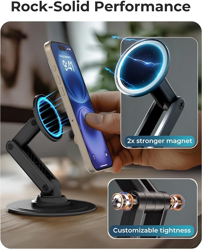 Cooper Mag360 Magnetic Phone Stand for Desk, MagSafe Stand for iPhone 17 | 360° Rotating, Adjustable, Foldable, Portable, Strong Magnet, incl. 2 Steel Rings, Magsafe Phone Holder, Fits all iPhones