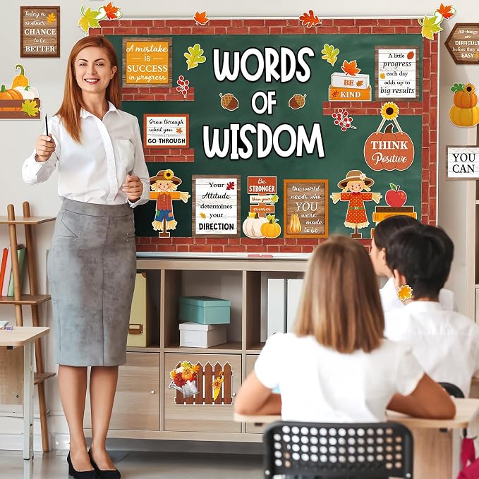 Mooliwe 57 Pcs Fall Bulletin Board Set Inspirational Cutouts Classroom | Words of Wisdom Teacher Decor, Scarecrows Pumpkins Leaves Cutouts, Office School Wall Supplies, Motivational Quotes