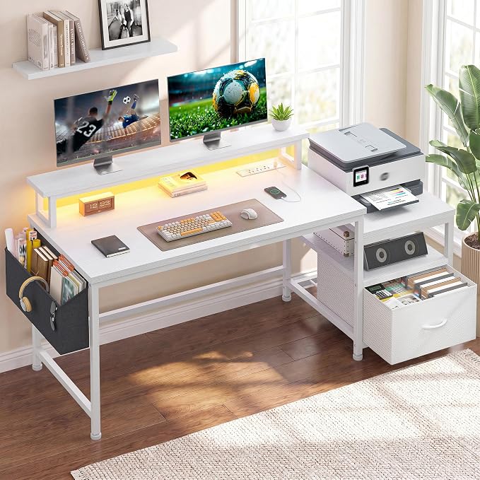 EnHomee 56.5" Office Desk with Drawers & Printer Space for Home Work,White | Computer Desk with 3 AC Outlets& 2 USB Ports,Waterproof LED Strip Lights,Monitor Stand & Side Pockets,Home Office,Bedroom