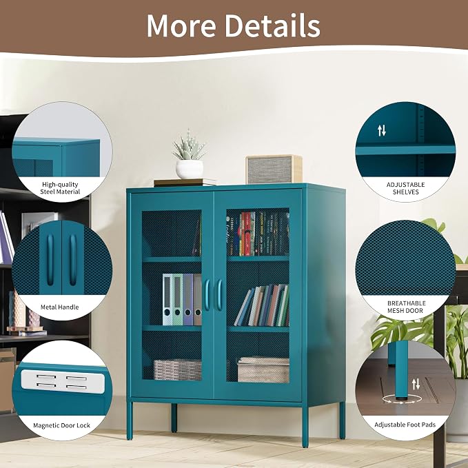 Washsemba Metal Storage Cabinet with Mesh Doors,Steel Display Cabinet with Adjustable Shelves,Metal Office Storage Locker for Home Office,Garage(Blue, 40''H)