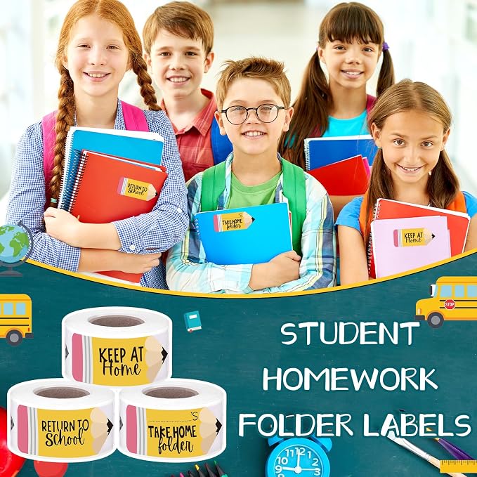 600 Pcs Take Home Return to School Labels,Pencil | 3 Rolls Thermal Printed, Student Homework Folder Stickers, Keep at Home Label, Classroom Office Organization
