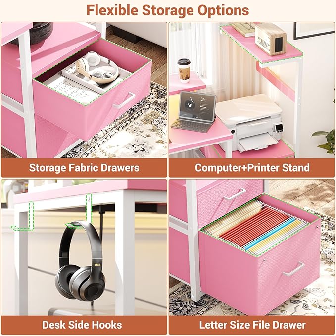 Aheaplus Gaming Desk with LED Strip & Power Outlet, 59Inch Reversible Computer Desk with Monitor Stand & Storage Shelves, Home Office Desks with Fabric File Drawer, Gamer Table PC Desk, Pink