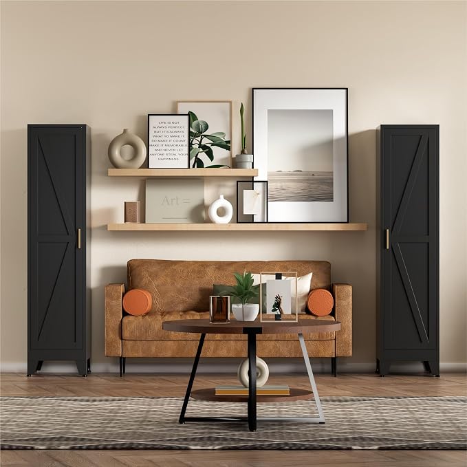COFaR Tall Bathroom Cabinet, Metal Farmhouse Narrow Slim Storage Cabinet with Adjustable Shelves Barn Door for Bathrooms, Kitchens, Entrances Living Room (Black)