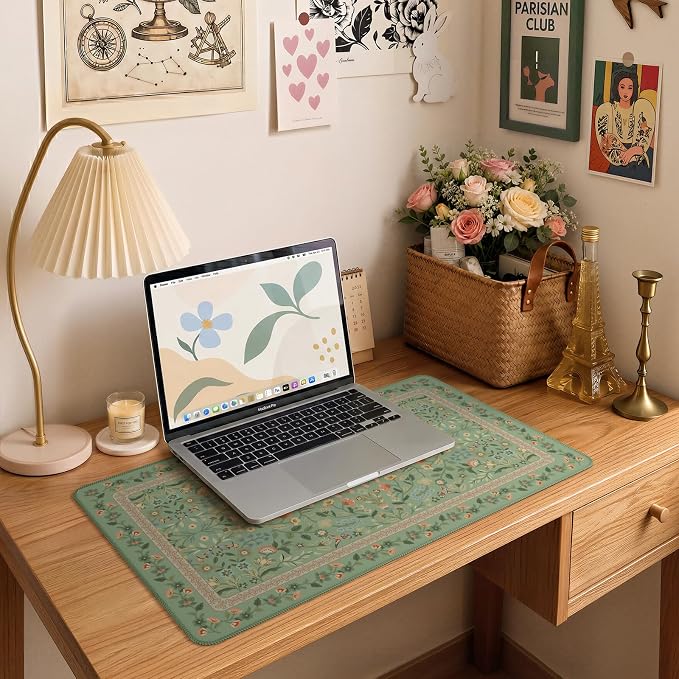 iCasso Aesthetic Flower Mouse Pad,23.6x13.7in Desk Pad, Light Green | Desk Matt for Desktop, Anti-Slip Mousepad with Stitched Edges for Laptop Computer Keyboard