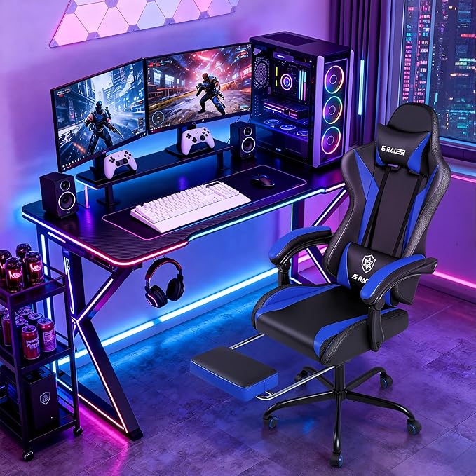 Homall Gaming Chair with Massage & Footrest, Ergonomic Computer Office Chair, High-Back Racing Style Reclining Chair with Adjustable Lumbar Support, PU Leather for Adults (Blue)