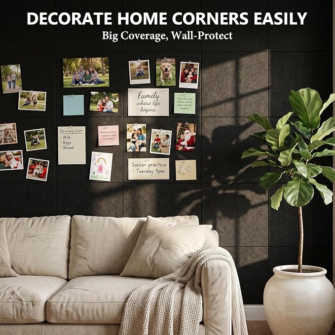20 Pack Large Cork Board for Walls 60" x 48"(Black) | Felt Bulletin Board with Push Pins & Adhesive Tabs, Felt Wall Tiles Pin Board for Walls Home Office School Decor