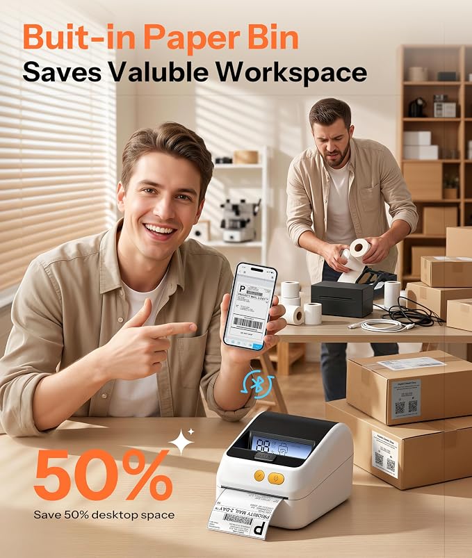 Phomemo Shipping Label Printer with Screen and Built-in Label Bin | D421R 4x6 Bluetooth Thermal Printer with RFID Auto Detection, Real-time Paper Display, Compatible with iPhone, Android