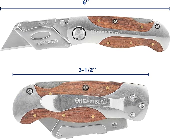 Sheffield 12115 Folding Utility Knife, Stocking Stuffers, Gifts for Men, Dad Gifts, Quick-Change Utility Knife Blades, Lightweight Hardwood Handle, Box Cutter, Cardboard Cutter