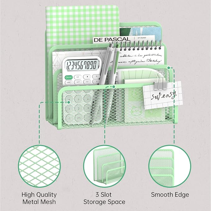 Mail Organizer for Desk, Mesh Metal Mail Holder Countertop with 3-Slot, Letter Sorter File Holder, Office Envelope Organizer for Mails (Mint Green)